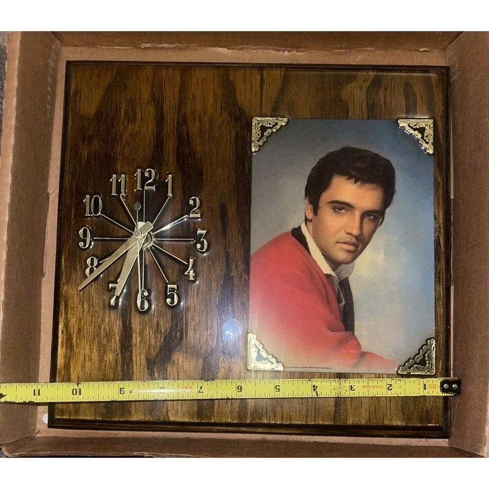 Vintage 1970s Elvis Presley Lacquered Wood Wall Clock Plaque Red Jacket 10x11